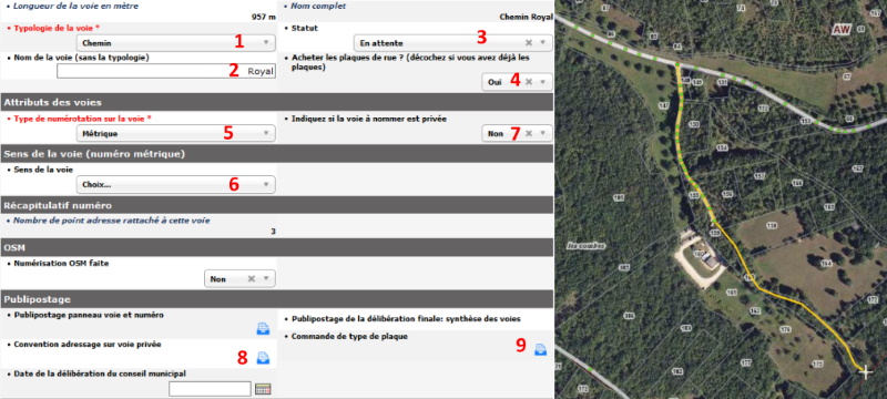 Création de voies et d'adresses avec Périgéo (formulaire de saisie d'une voie avec possibilité de la tracer sur la carte, source : tutoriel disponible sur le site de l'ATD 24)