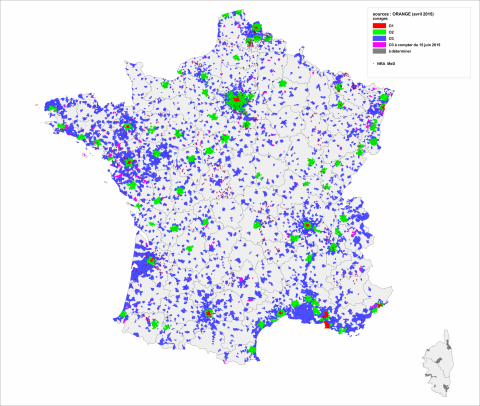 Carte montrant les communes couvertes par une offre de gros d'Orange